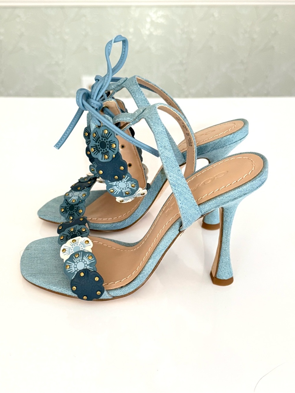 Coach Light Blue Denim Floral Appliqué High Heel Sandals